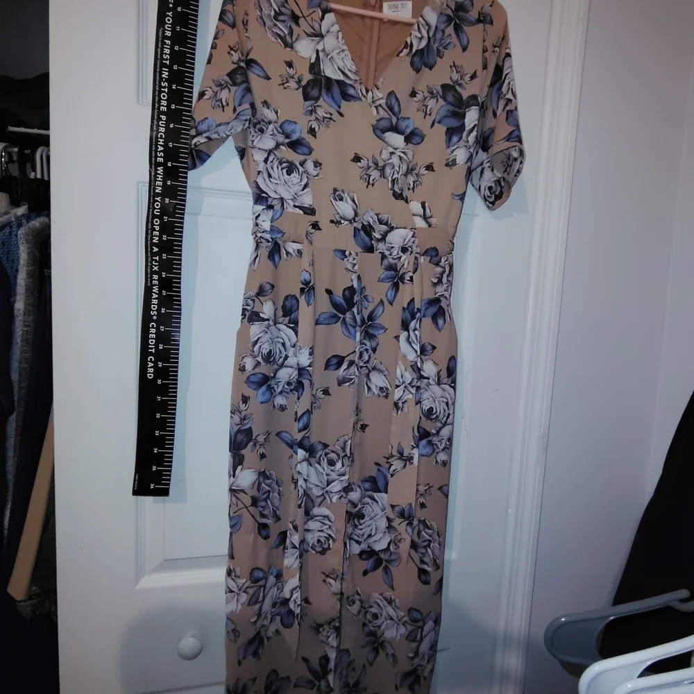 Sienna Sky Tan and Blue Floral Dress S New Nwot